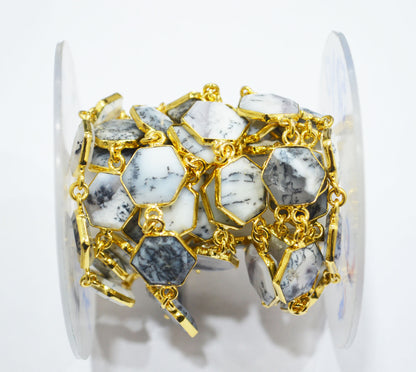 Dendrite Opal Crown Cut Hexagon Shape Connector Chain , 10 - 14 mm , RB-6724
