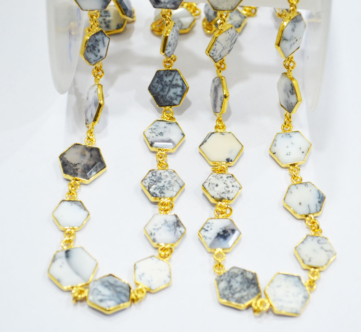 Dendrite Opal Crown Cut Hexagon Shape Connector Chain , 10 - 14 mm , RB-6724