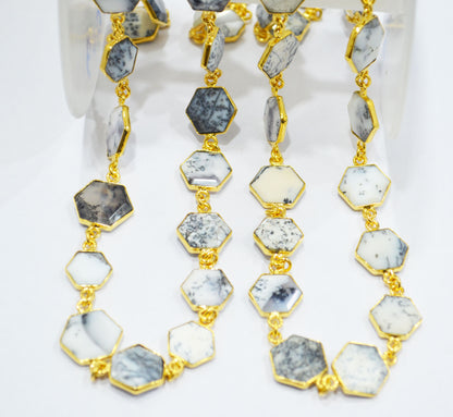 Dendrite Opal Crown Cut Hexagon Shape Connector Chain , 10 - 14 mm , RB-6724