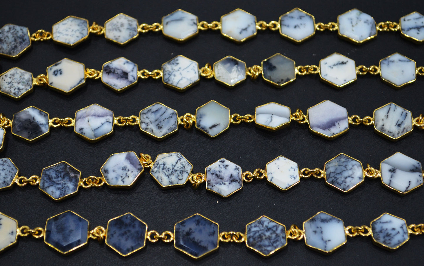 Dendrite Opal Crown Cut Hexagon Shape Connector Chain , 10 - 14 mm , RB-6724
