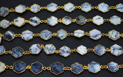 Dendrite Opal Crown Cut Hexagon Shape Connector Chain , 10 - 14 mm , RB-6724