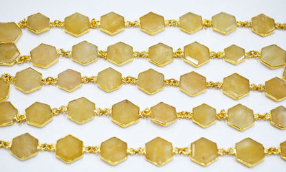 Yellow Aventurine Crown Cut Hexagon Shape Connector Chain , 10 - 14 mm , RB-6725