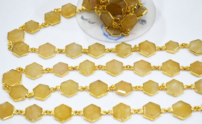 Yellow Aventurine Crown Cut Hexagon Shape Connector Chain , 10 - 14 mm , RB-6725