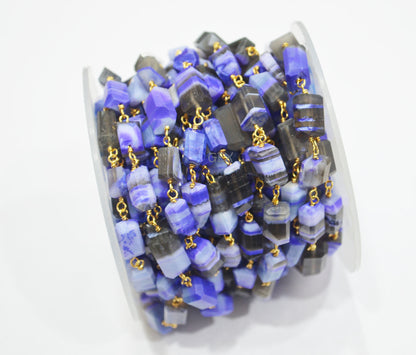 Purple Lace Chalcedony Faceted Laser Cut Nuggets Shape Rosary Beaded Chain , 7x10 - 7x12 mm , RB-6731