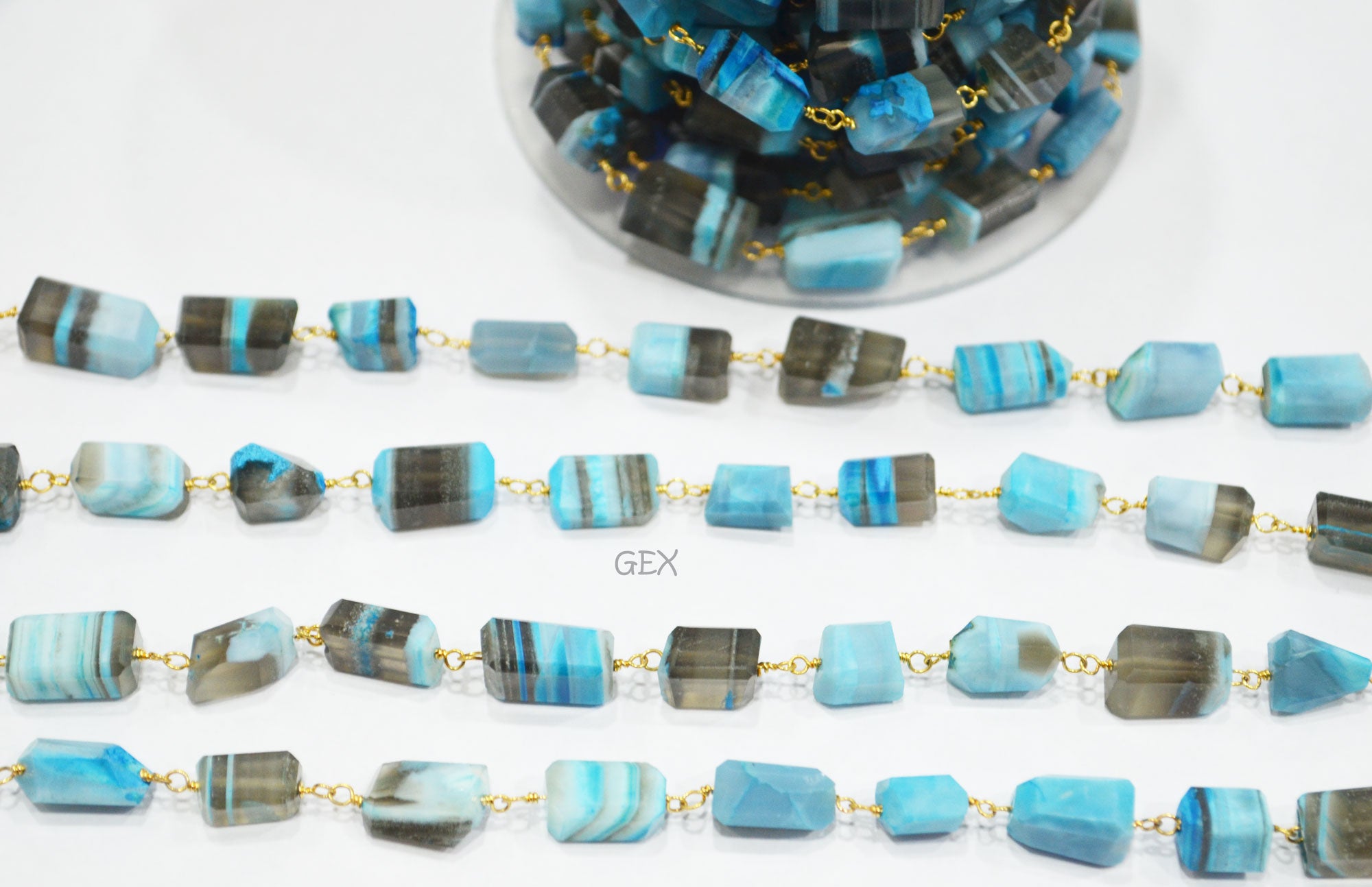 Blue Lace Chalcedony Faceted Laser Cut Nuggets Shape Rosary Beaded Chain , 6x7 - 7x12 mm , RB-6732