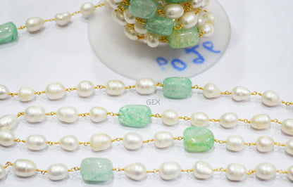 Natural Pearl Uneven Oval Smooth Rosary Beaded Chain , Dyed Emerald Nuggets Wire Wrapped Chain , 9x10 - 11x18 mm , 6735