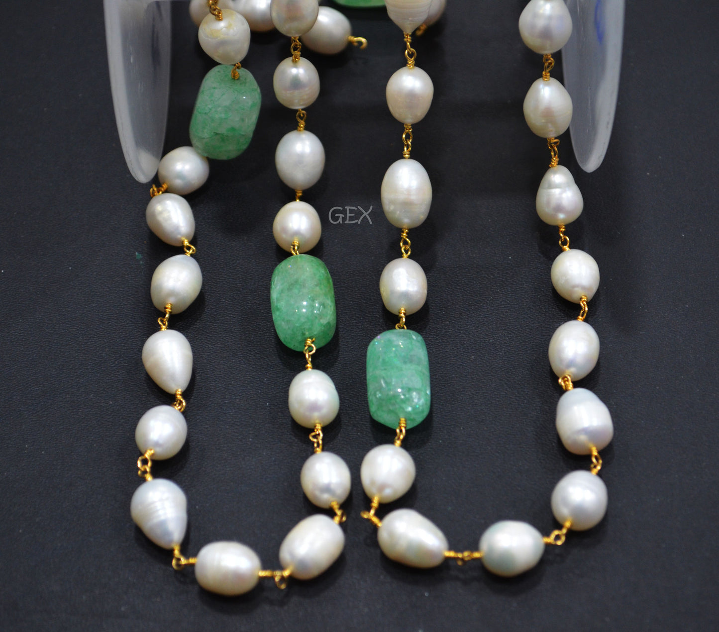 Natural Pearl Uneven Oval Smooth Rosary Beaded Chain , Dyed Emerald Nuggets Wire Wrapped Chain , 9x10 - 11x18 mm , 6735