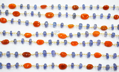 Tanzanite Uneven Rondelle Smooth Rosary Beaded Chain , Orange Ethiopian Opal Oval Nuggets Wire Wrapped Chain , 5 - 9 mm ,6736