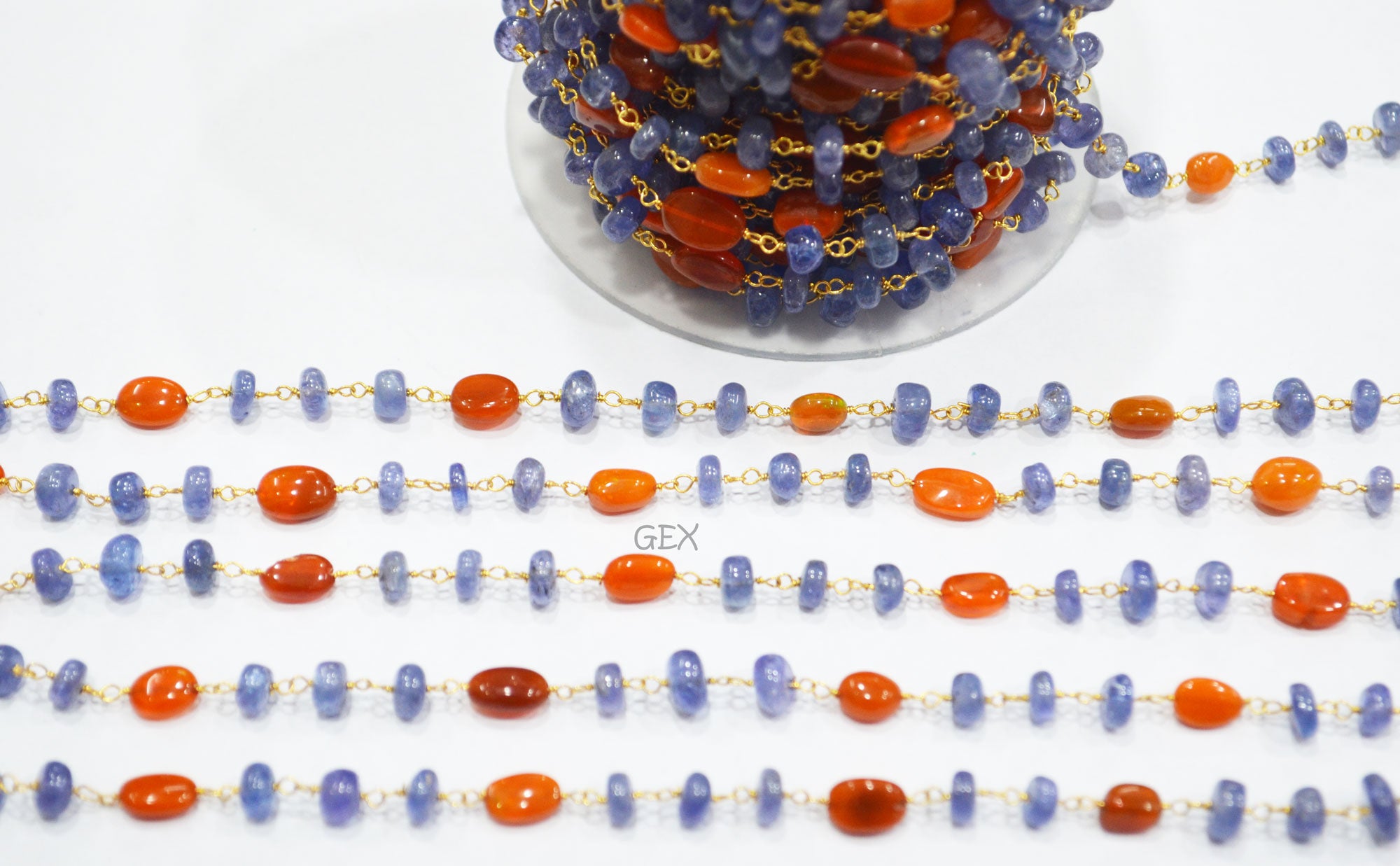 Tanzanite Uneven Rondelle Smooth Rosary Beaded Chain , Orange Ethiopian Opal Oval Nuggets Wire Wrapped Chain , 5 - 9 mm ,6736