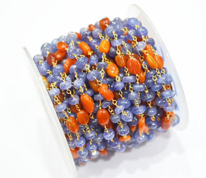 Tanzanite Uneven Rondelle Smooth Rosary Beaded Chain , Orange Ethiopian Opal Oval Nuggets Wire Wrapped Chain , 5 - 9 mm ,6736