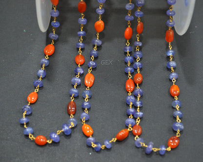 Tanzanite Uneven Rondelle Smooth Rosary Beaded Chain , Orange Ethiopian Opal Oval Nuggets Wire Wrapped Chain , 5 - 9 mm ,6736