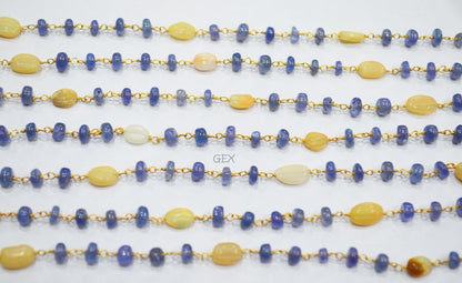 Tanzanite Uneven Rondelle Smooth Rosary Beaded Chain , Ethiopian Opal Carved Oval Nuggets Wire Wrapped Chain , 5 - 9 mm ,6737
