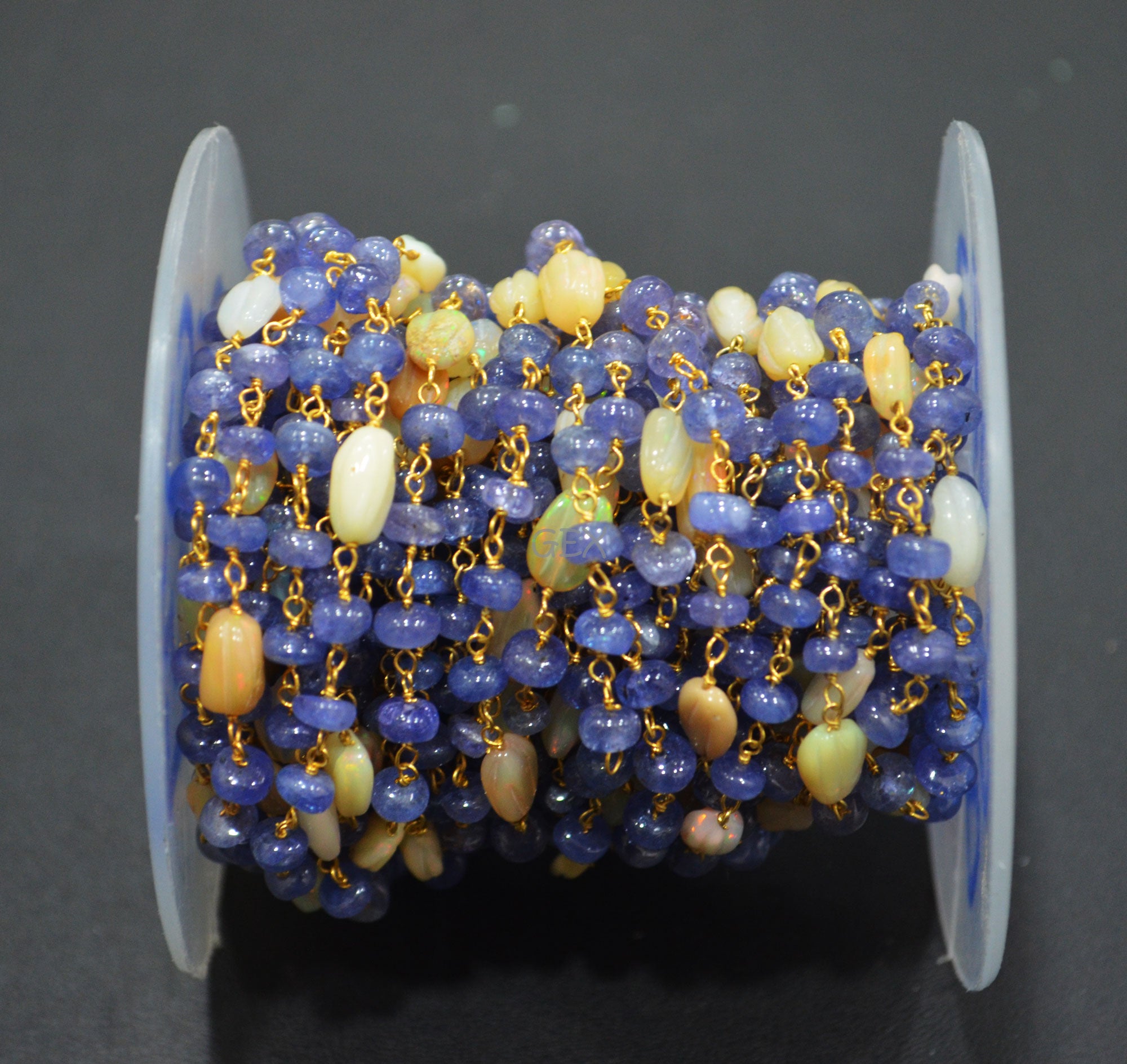 Tanzanite Uneven Rondelle Smooth Rosary Beaded Chain , Ethiopian Opal Carved Oval Nuggets Wire Wrapped Chain , 5 - 9 mm ,6737