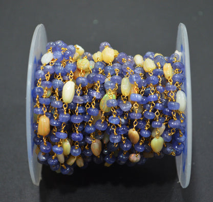 Tanzanite Uneven Rondelle Smooth Rosary Beaded Chain , Ethiopian Opal Carved Oval Nuggets Wire Wrapped Chain , 5 - 9 mm ,6737