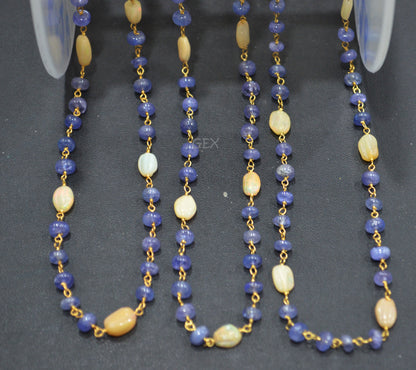 Tanzanite Uneven Rondelle Smooth Rosary Beaded Chain , Ethiopian Opal Carved Oval Nuggets Wire Wrapped Chain , 5 - 9 mm ,6737