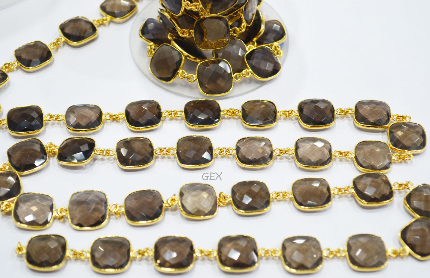 Smoky Faceted Cushion Shape Connector Chain , 15 - 16 mm , RB-6739