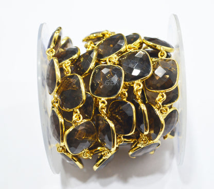 Smoky Faceted Cushion Shape Connector Chain , 15 - 16 mm , RB-6739