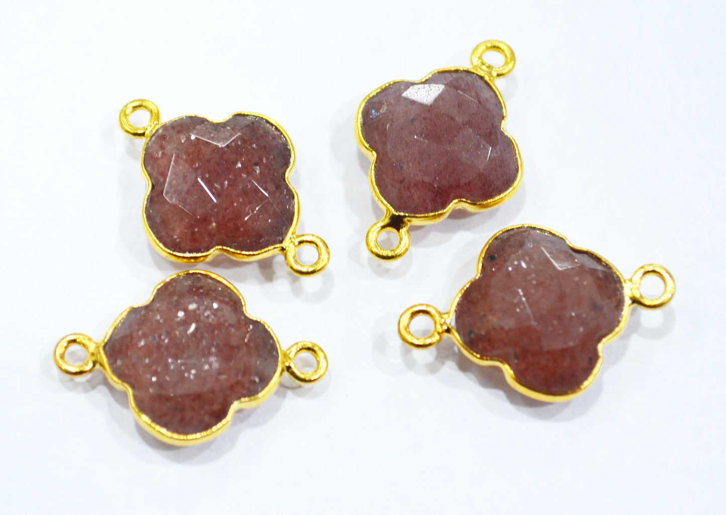 Red Strawberry Quartz Faceted Fancy Clover Shape Double Bail Connector With 1 Gm Gold Plating Charm , Sold By Piece , 15 mm , RB-6782
