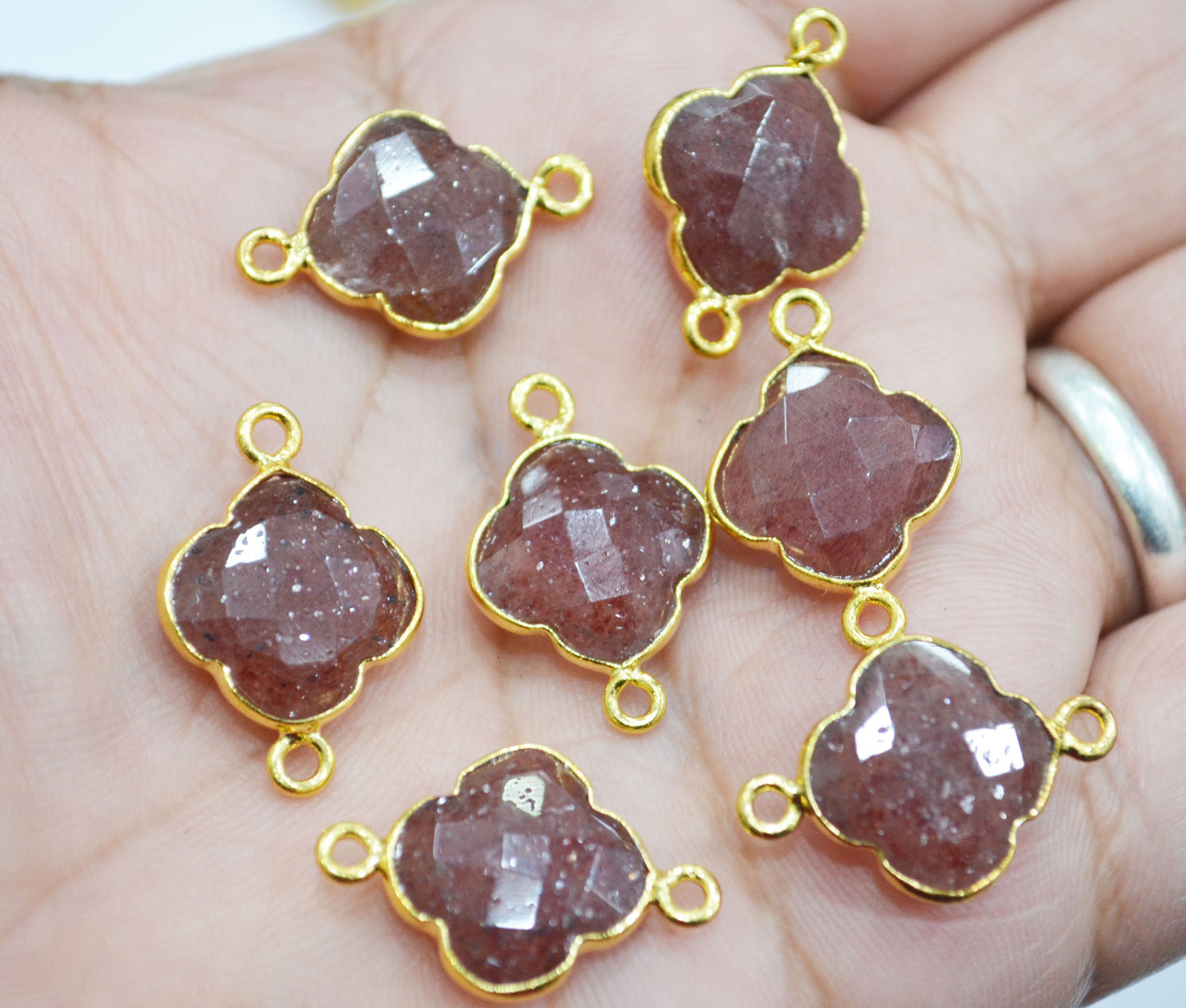 Red Strawberry Quartz Faceted Fancy Clover Shape Double Bail Connector With 1 Gm Gold Plating Charm , Sold By Piece , 15 mm , RB-6782