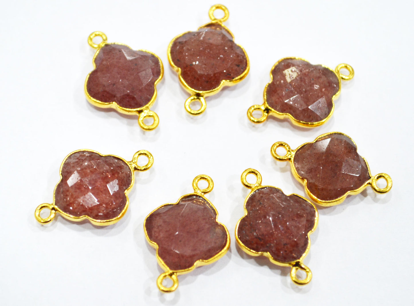 Red Strawberry Quartz Faceted Fancy Clover Shape Double Bail Connector With 1 Gm Gold Plating Charm , Sold By Piece , 15 mm , RB-6782