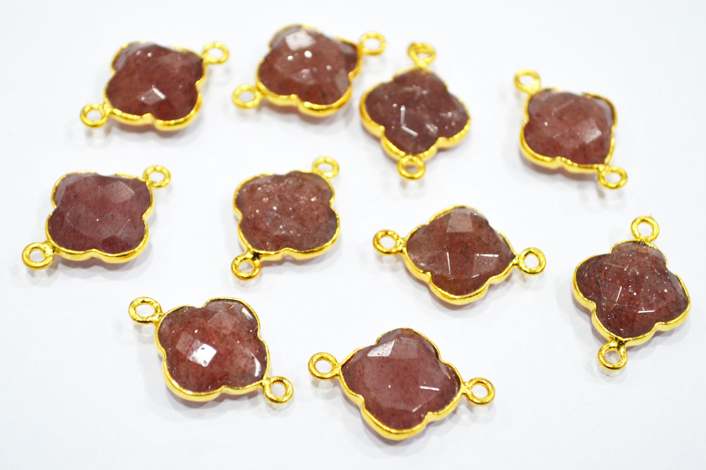 Red Strawberry Quartz Faceted Fancy Clover Shape Double Bail Connector With 1 Gm Gold Plating Charm , Sold By Piece , 15 mm , RB-6782