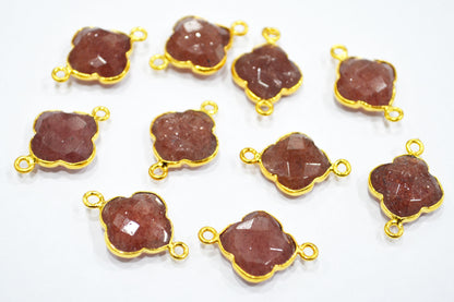 Red Strawberry Quartz Faceted Fancy Clover Shape Double Bail Connector With 1 Gm Gold Plating Charm , Sold By Piece , 15 mm , RB-6782