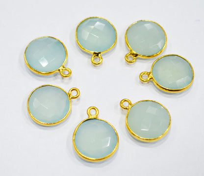 Superfine Aqua Chalcedony Faceted Coin Shape Single Bail Connector With 1 Gm Gold Plating , Sold By Piece , Ready Component , 14 mm ,RB-6785