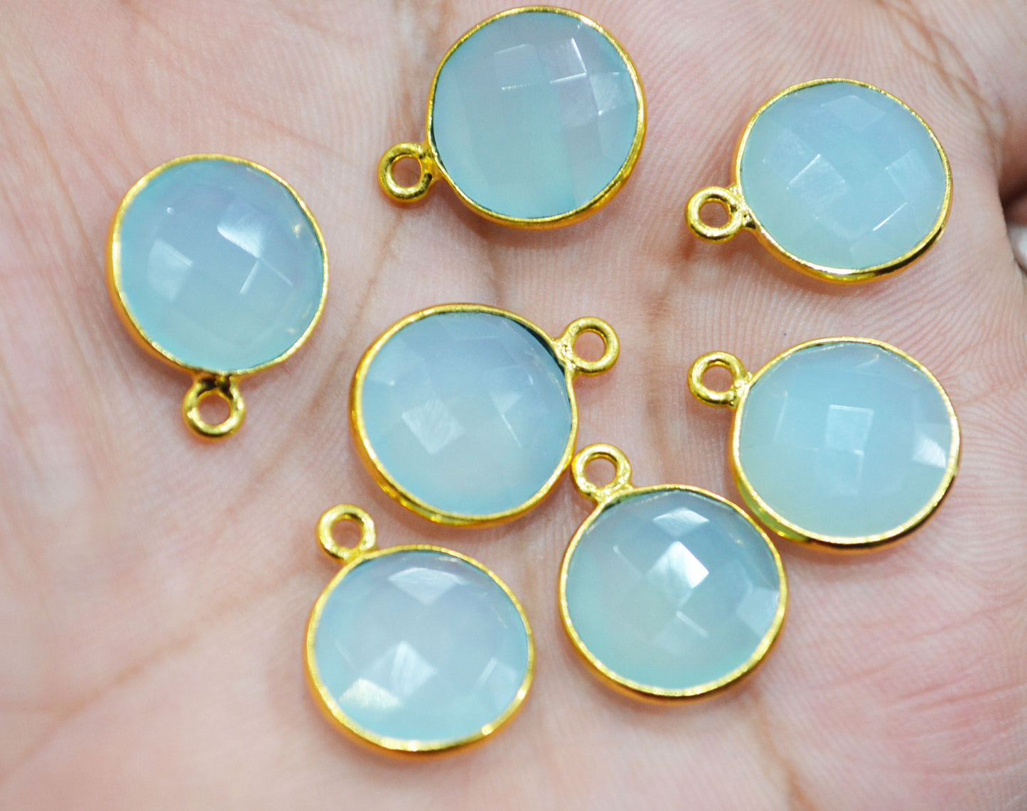 Superfine Aqua Chalcedony Faceted Coin Shape Single Bail Connector With 1 Gm Gold Plating , Sold By Piece , Ready Component , 14 mm ,RB-6785