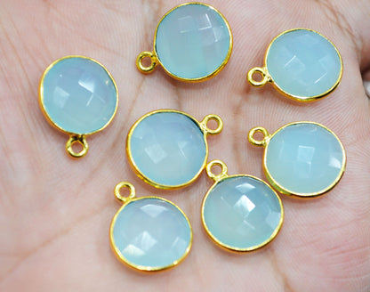 Superfine Aqua Chalcedony Faceted Coin Shape Single Bail Connector With 1 Gm Gold Plating , Sold By Piece , Ready Component , 14 mm ,RB-6785
