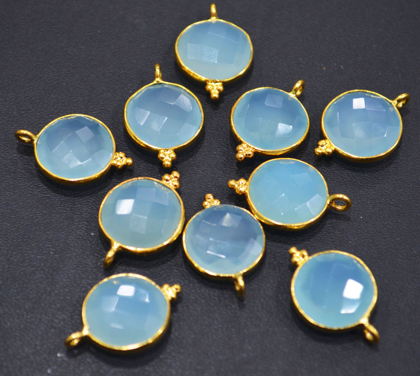Best Aqua Chalcedony Faceted Coin Shape Single Bail Connector With 1 Gm Gold Plating , Sold By Piece , Ready Component , 14 mm , RB-6786