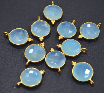 Best Aqua Chalcedony Faceted Coin Shape Single Bail Connector With 1 Gm Gold Plating , Sold By Piece , Ready Component , 14 mm , RB-6786