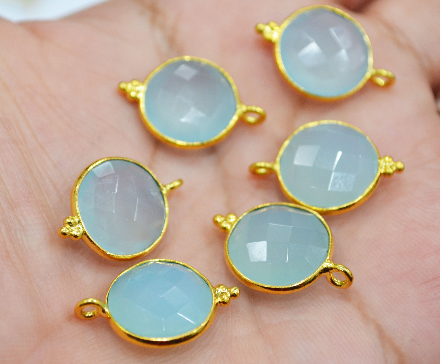 Best Aqua Chalcedony Faceted Coin Shape Single Bail Connector With 1 Gm Gold Plating , Sold By Piece , Ready Component , 14 mm , RB-6786