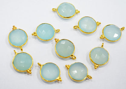 Best Aqua Chalcedony Faceted Coin Shape Single Bail Connector With 1 Gm Gold Plating , Sold By Piece , Ready Component , 14 mm , RB-6786