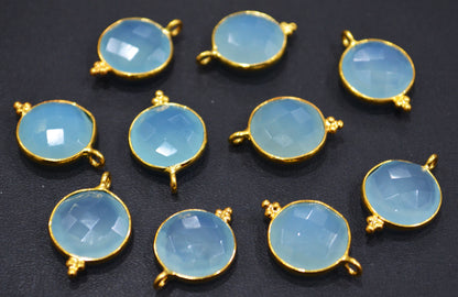 Best Aqua Chalcedony Faceted Coin Shape Single Bail Connector With 1 Gm Gold Plating , Sold By Piece , Ready Component , 14 mm , RB-6786