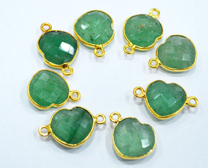 Green Strawberry Quartz Faceted Heart Shape Single And Double Bail Connector With 1 Gm Gold Plating Charm , Sold By Piece , 14 mm , RB-6787