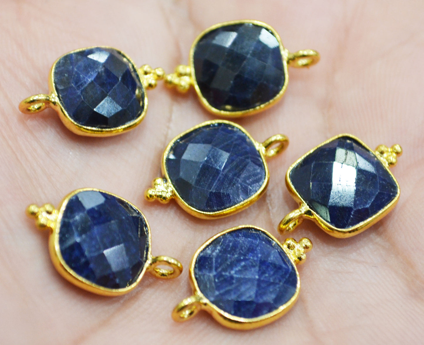 Amazing Corundum Sapphire Faceted Cushion Shape Single Bail Connector With 1 Gm Gold Plating Charm , Sold By Piece , 11 mm , RB-6795