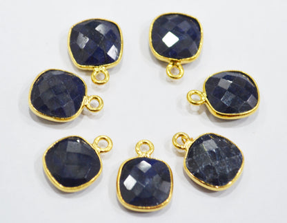 Corundum Sapphire Faceted Cushion Shape Single And Double Bail Connector With 1 Gm Gold Plating Charm , Sold By Piece , 11 mm , RB-6797