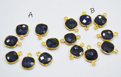 Corundum Sapphire Faceted Cushion Shape Single And Double Bail Connector With 1 Gm Gold Plating Charm , Sold By Piece , 11 mm , RB-6797