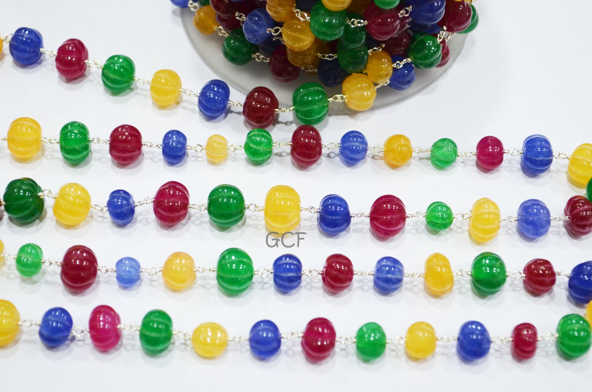 Ruby , Emerald And Sapphire Quartz Carved Melon Rosary Chain , Multi Dyed Natural Quartz Wire Wrapped Chain , 9 - 11 mm , 6878
