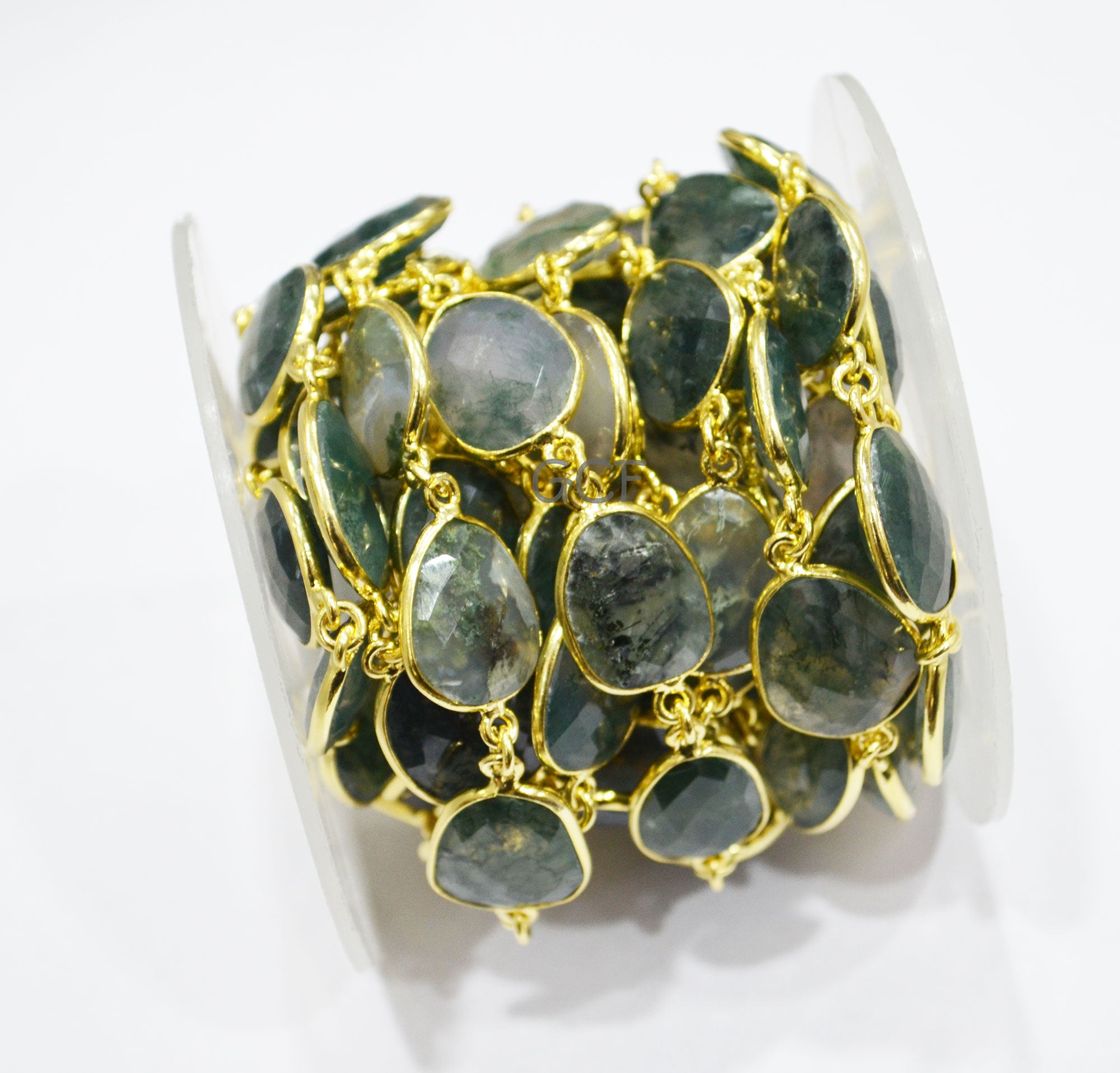 Moss Ocean Agate Faceted Free Form Connector Chain , Moss Ocean Agate Slice Shape Bezel Link Chain , 12x15 - 15x19 mm , 6889