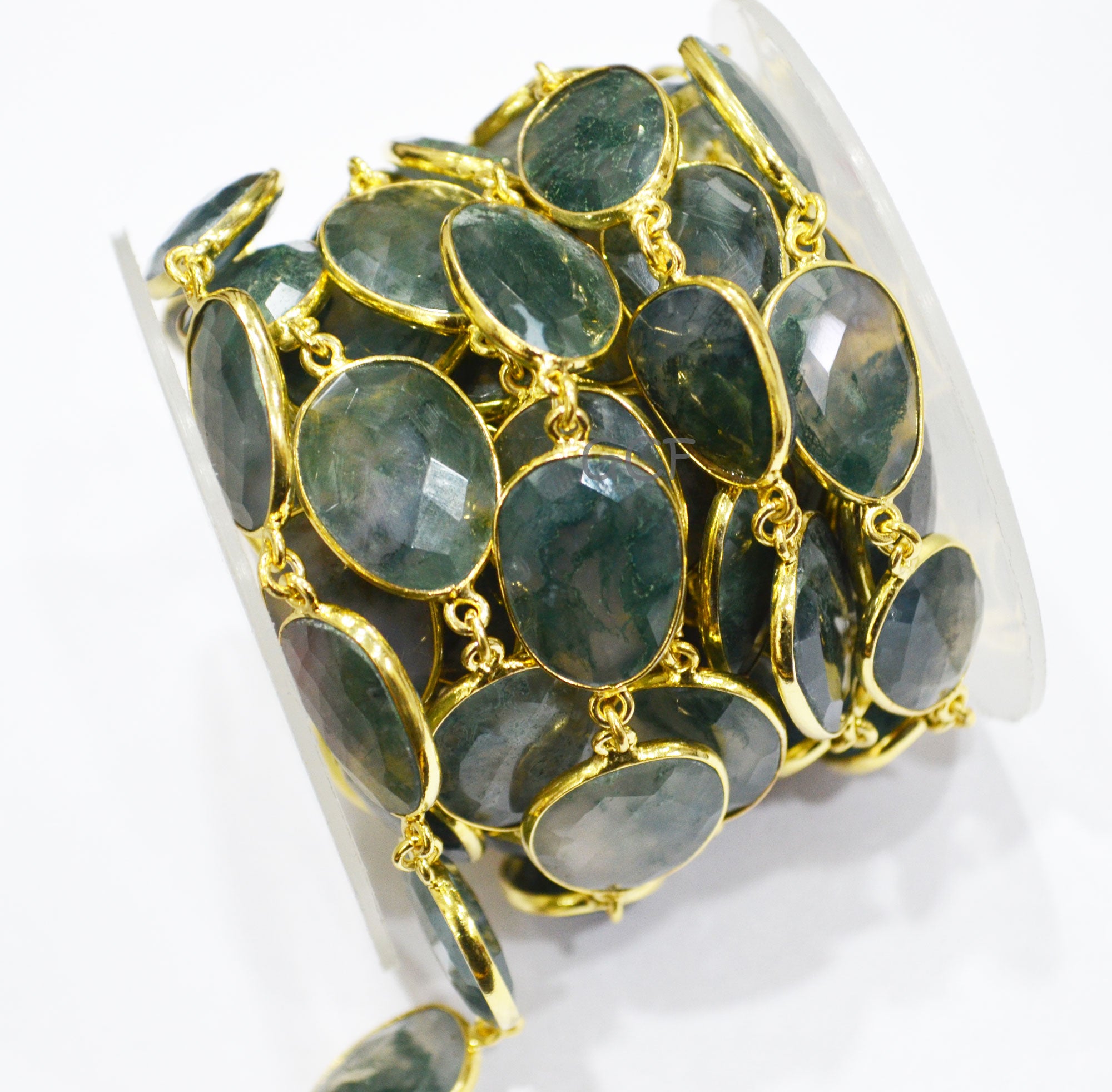 Moss Ocean Agate Faceted Free Form Connector Chain , Moss Ocean Agate Slice Shape Bezel Link Chain , 14x17 - 17x22 mm , 6890