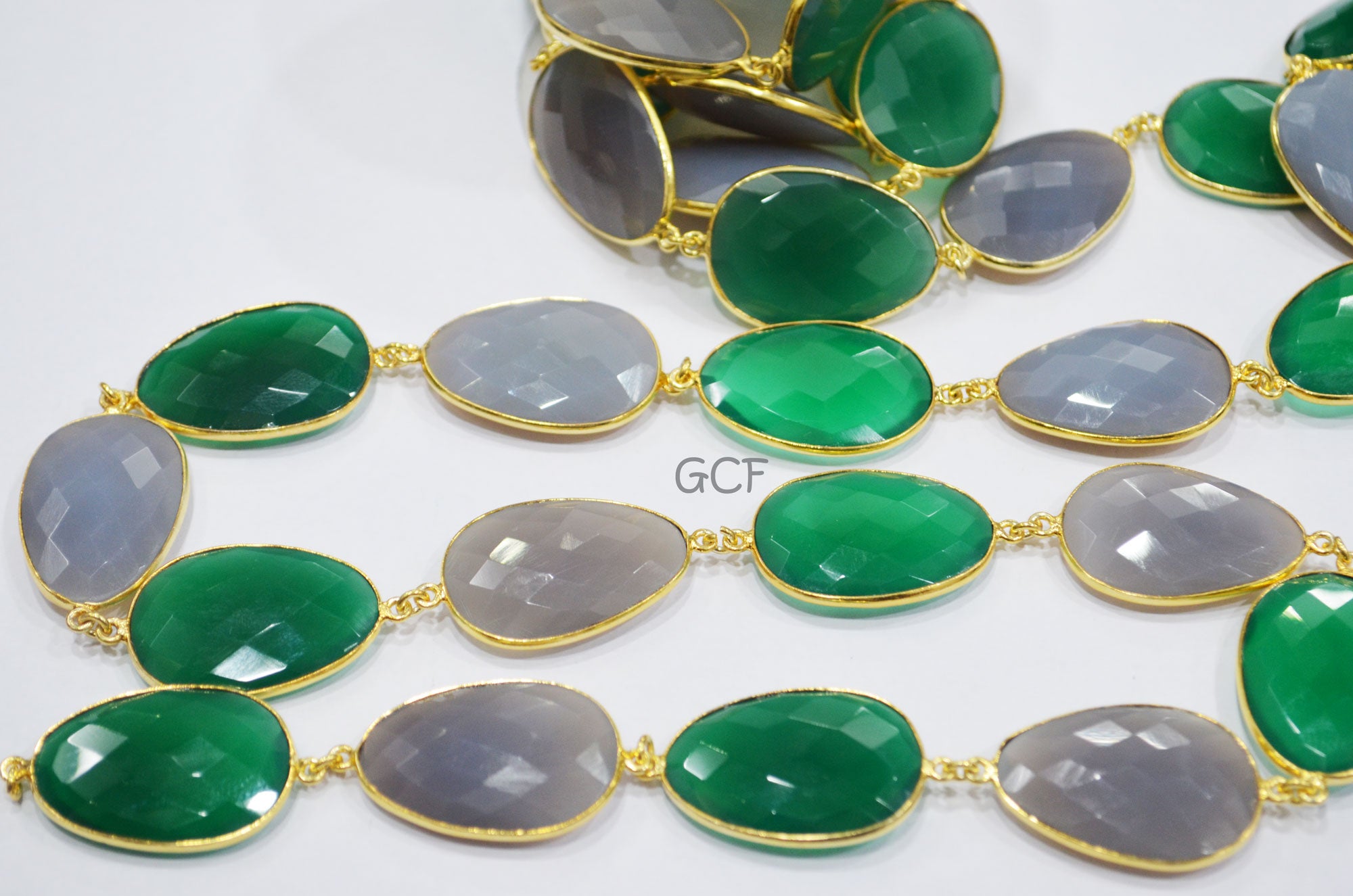 Green Onyx And Gray Chalcedony Faceted Egg Shape Connector Chain , Gray Chalcedony Egg Bezel Link Chain , 21x30 mm , 6902