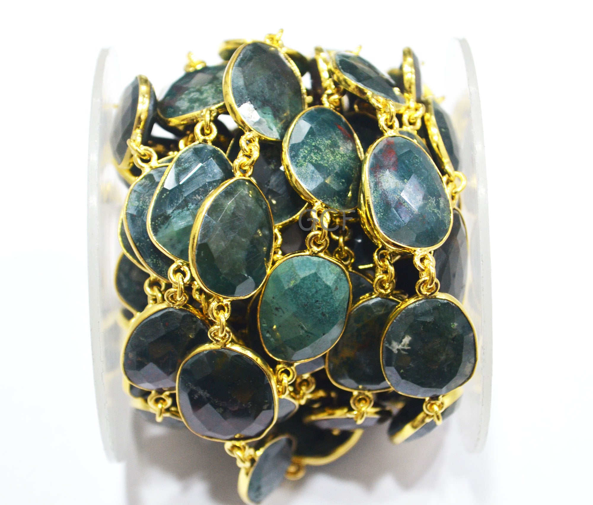 Mystic Red Green Blood Stone Faceted Free Form Connector Chain ,Red Green Blood Stone Bezel Link Chain ,15x17 - 17x22 mm ,6904