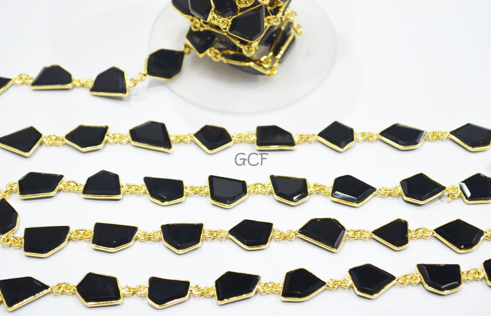 Black Onyx Crown Cut Tablets Connector Chain , Black Onyx Fancy Cut Flat Tablets Bezel Link Chain , 11x12 - 12x15 mm , 6931