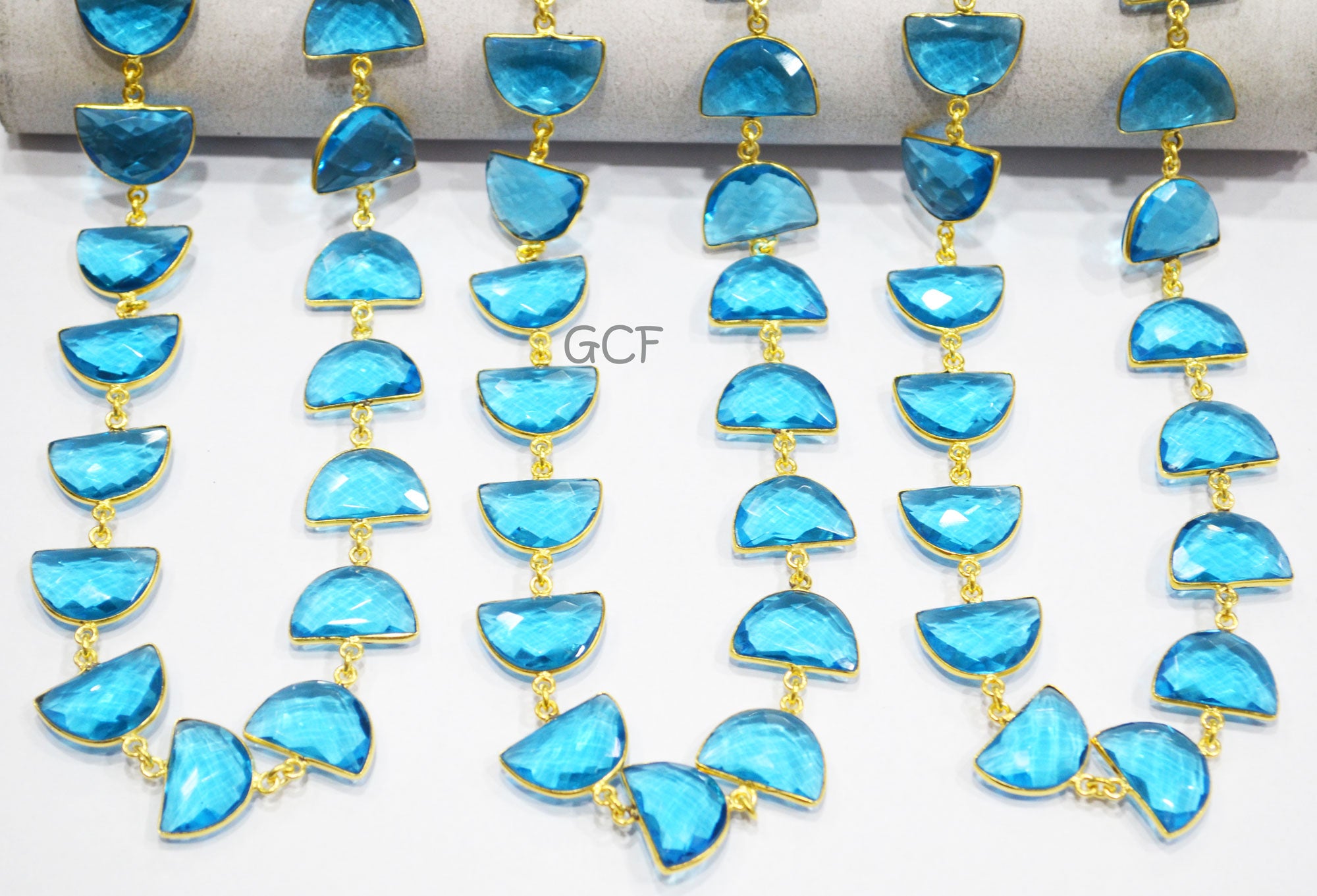 Swiss Blue Hydro Quartz Faceted Half Moon Shape Connector Chain , Swiss Blue Hydro Glass Bezel Link Chain , 13x19 mm , RB-7079