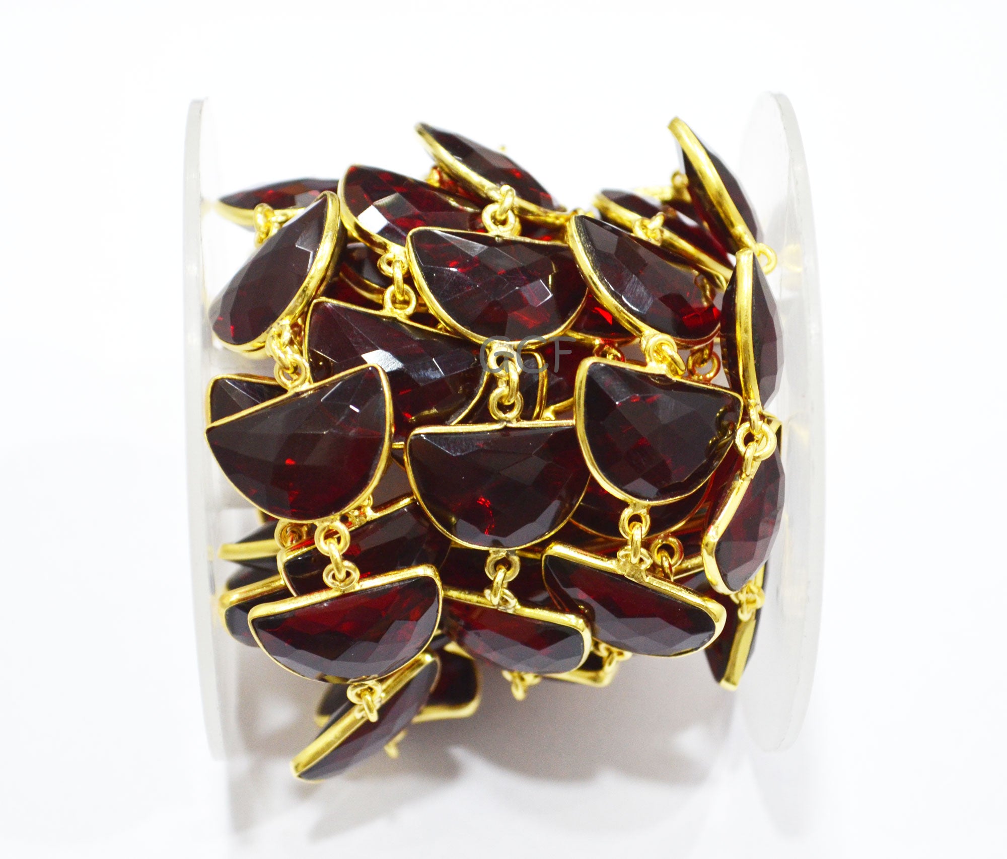 Red Ruby Hydro Quartz Faceted Half Moon Shape Connector Chain , Red Ruby Hydro Glass Half Moon Shape Bezel Link Chain , 13x19 mm , RB-7082