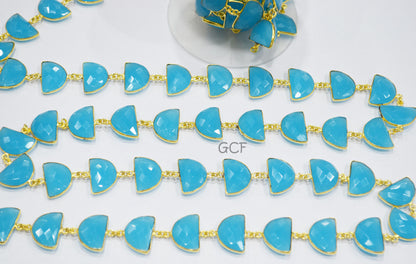 Aqua Blue Hydro Quartz Faceted Half Moon Shape Connector Chain , Aqua Blue Hydro Glass Half Moon Shape Bezel Link Chain , 13x19 mm , RB-7085