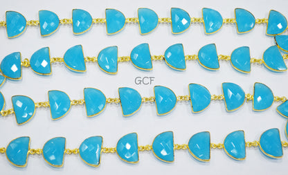 Aqua Blue Hydro Quartz Faceted Half Moon Shape Connector Chain , Aqua Blue Hydro Glass Half Moon Shape Bezel Link Chain , 13x19 mm , RB-7085