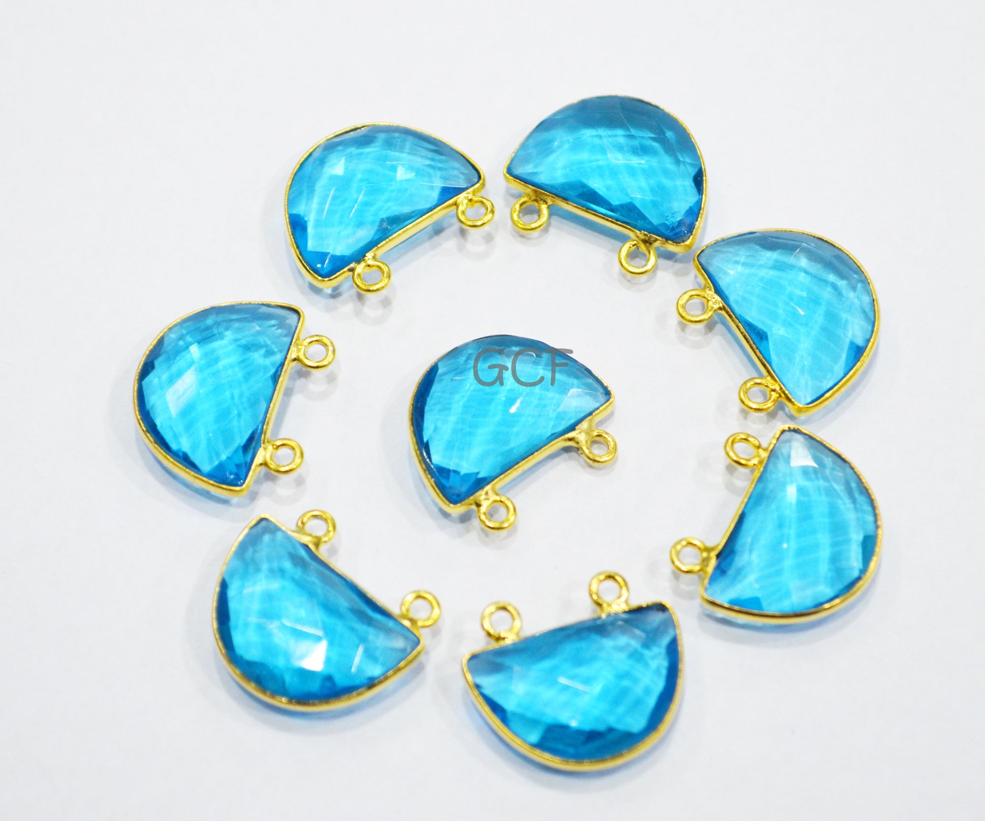 Swiss Blue Hydro Quartz Faceted Half Moon Shape Connector ,Swiss Blue Hydro Glass Double Bail Connector , Sold By Piece , 13x19 mm , RB-7091