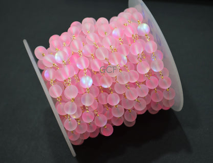 Pink Doublet Hydro Glass Smooth Rosary Beaded Chain , Pink Doublet Hydro Glass Round Shape Wire Wrapped Chain , 8 mm , RB-7105